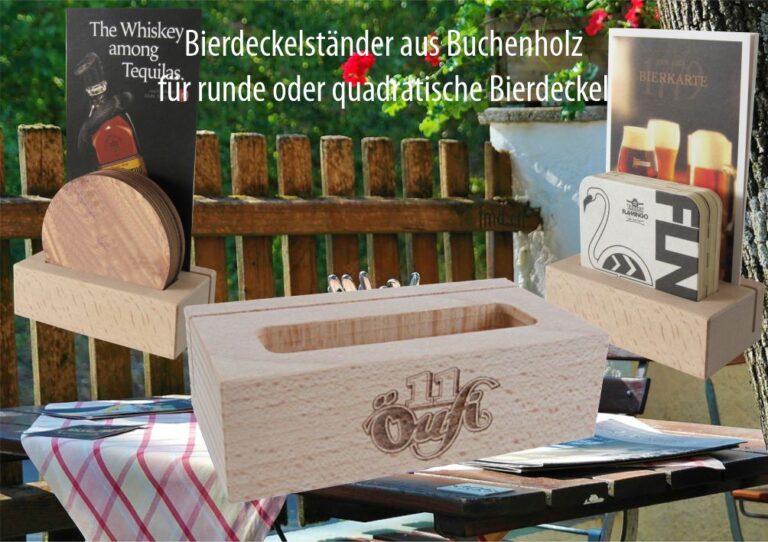 Bierdeckelständer, Bierdeckelhalter aus Buchenholz mit Ihrer Marke gebrandet - Werbeträger von fmd.ch