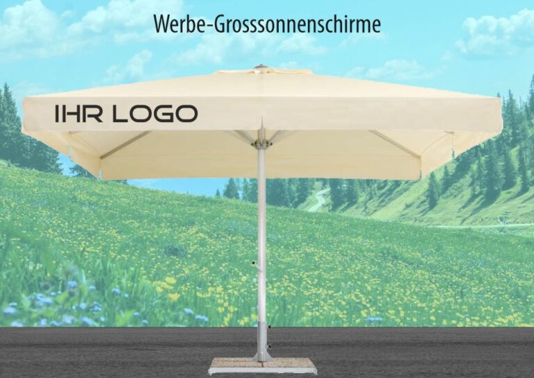 Gross Werbesonnenschirme bedruckt mit Ihrem Design - Werbeträger von fmd.ch