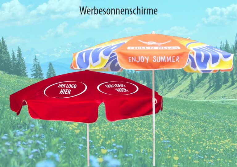 Werbesonnenschirme bedruckt mit Ihrem Design - Werbeträger von fmd.ch