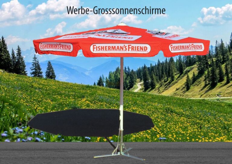 Gross Werbesonnenschirme bedruckt mit Ihrem Design - Werbeträger von fmd.ch