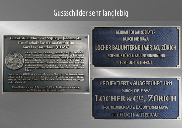 Gussschilder, Guss Schilder vom Fachbetrieb für Schilder und Werbeträger fmd.ch