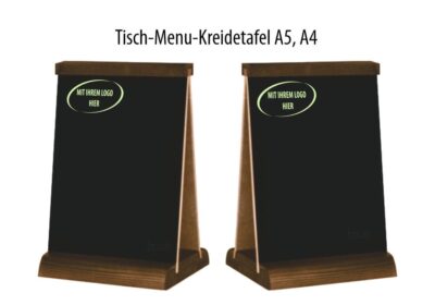 Kreidetafeln für den Tisch mit Holzsockel; mit Kreide und Kreidemarkern zu beschriften. Ihr Logo auf dem Sockel lasergraviert; die Tafeln können ebenfalls mit Ihrem Design/Logo bedruckt werden.
