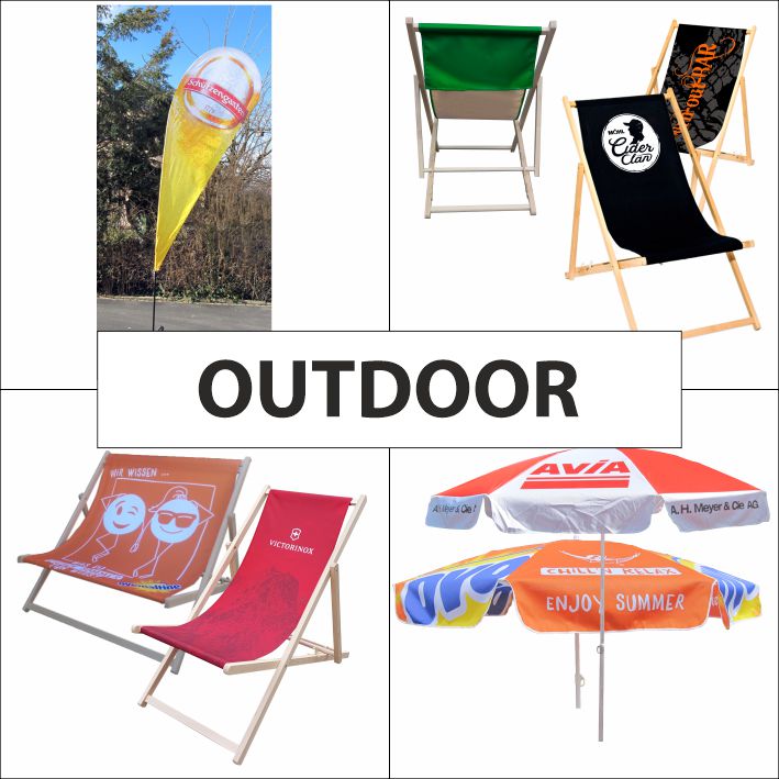 Werbe Liegestühle, Werbe-Sonnenschirme, Beachflags und mehr